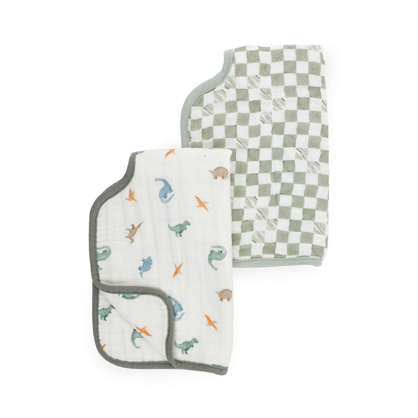 Organic Cotton Muslin Burp Cloth 2 Pack - Little Dino + Green Checker