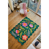 Green Base Pink Floral Wavy Rug by Jessica Miller