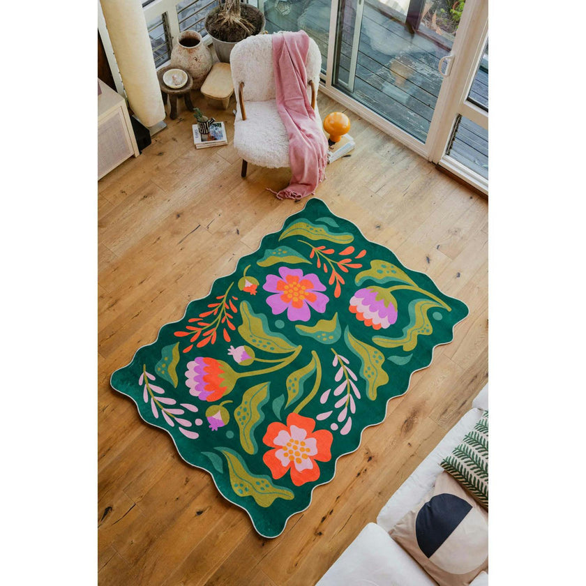 Green Base Pink Floral Wavy Rug by Jessica Miller