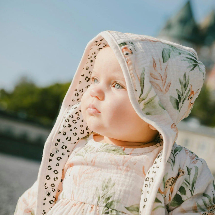 Muslin And Organic Cotton Jersey Reversible Hooded Jacket Peach Deer/Leopard Print
