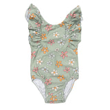 Baby Girl Ruffle Sleeve Cross Back Swimsuit in Sketched Daisy