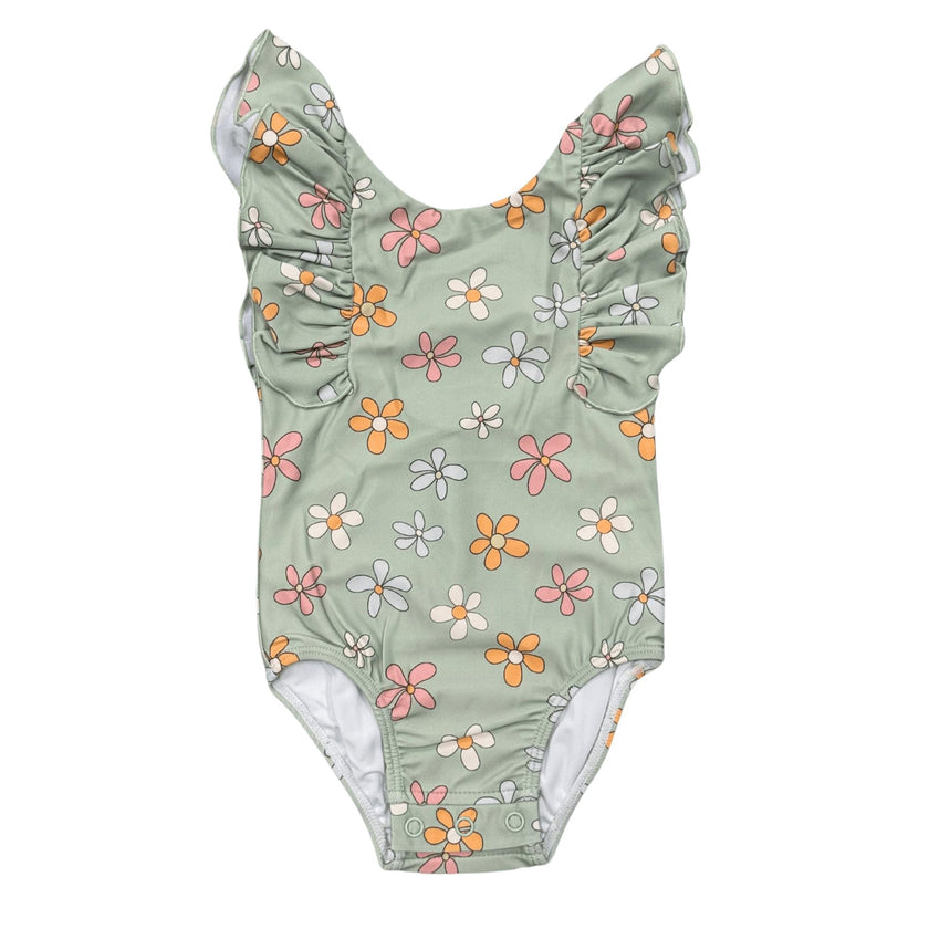 Baby Girl Ruffle Sleeve Cross Back Swimsuit