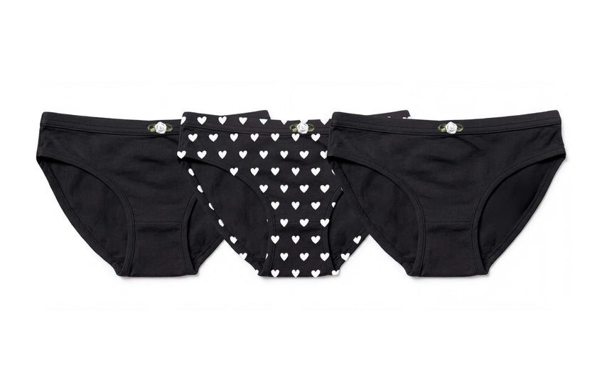 Girls Underwear 3 Piece Set - Black & White Hearts & 2 Solid Black