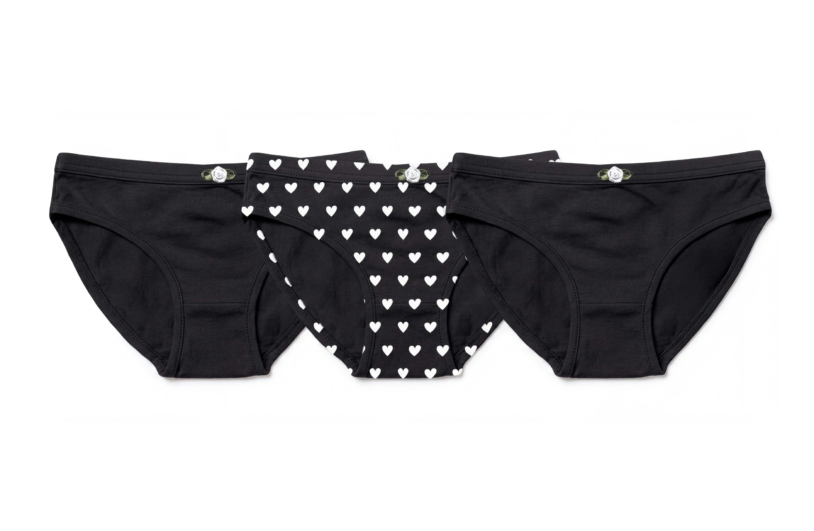 Girls Underwear 3 Piece Set - Black & White Hearts & 2 Solid Black