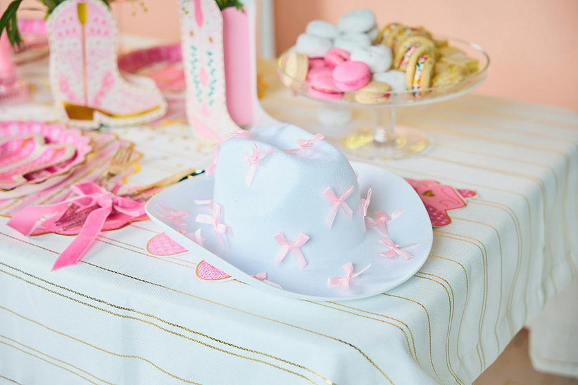 Packed Party Howdy Darling Pink Bow Cowboy Hat - White Felt Cattleman's Crease Cowgirl Hat with Pink Satin Ribbon Bows, One Size Fits All
