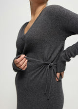 The Soft V-Neck Side Tie Sweater Grey Midi Maternity Dress