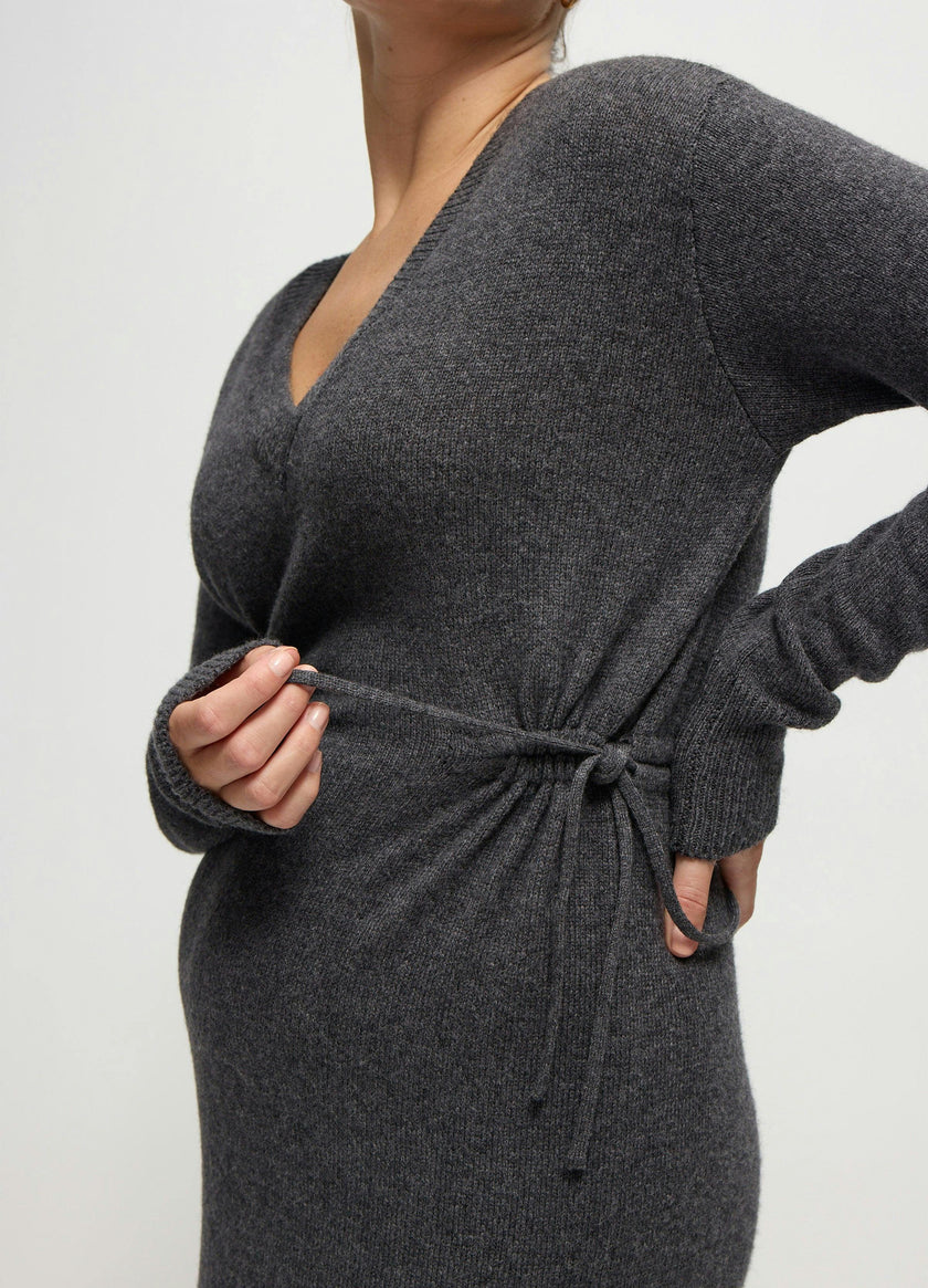 The Soft V-Neck Side Tie Sweater Grey Midi Maternity Dress