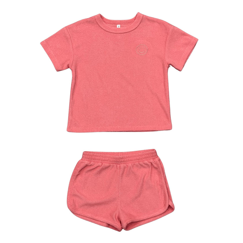 Girls Short Sleeve Cotton Terry Set in Strawberry Ice