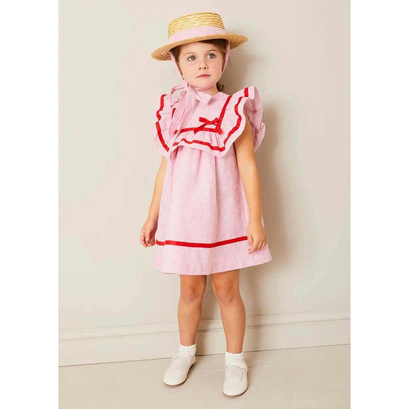 Lawrence Striped Ruffle Bib Sleeveless Dress in Red (12mths-8yrs)