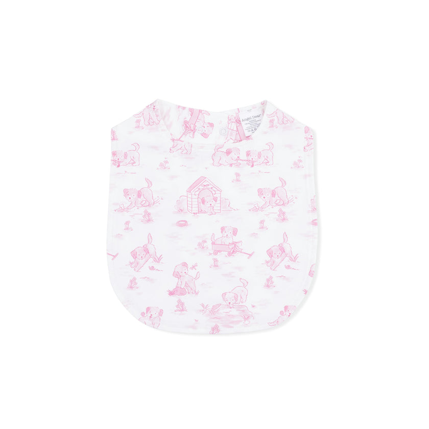 Puppy Toile Pink - 2 Way Ruffle Back Zipper Footie with Bandana Bib, and Swaddle Blanket Set