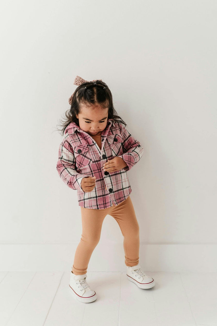 Kids Hooded Shacket in Magenta Plaid