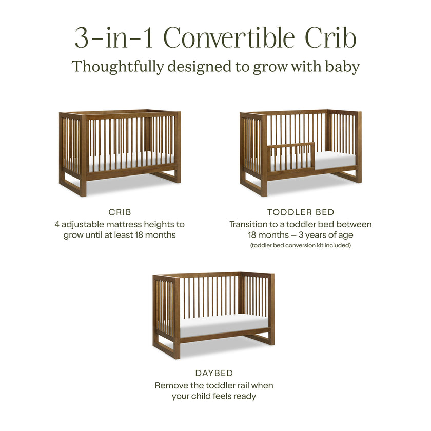 Nantucket 3-in-1 Convertible Crib w/Toddler Bed Conversion Kit in Natural Walnut