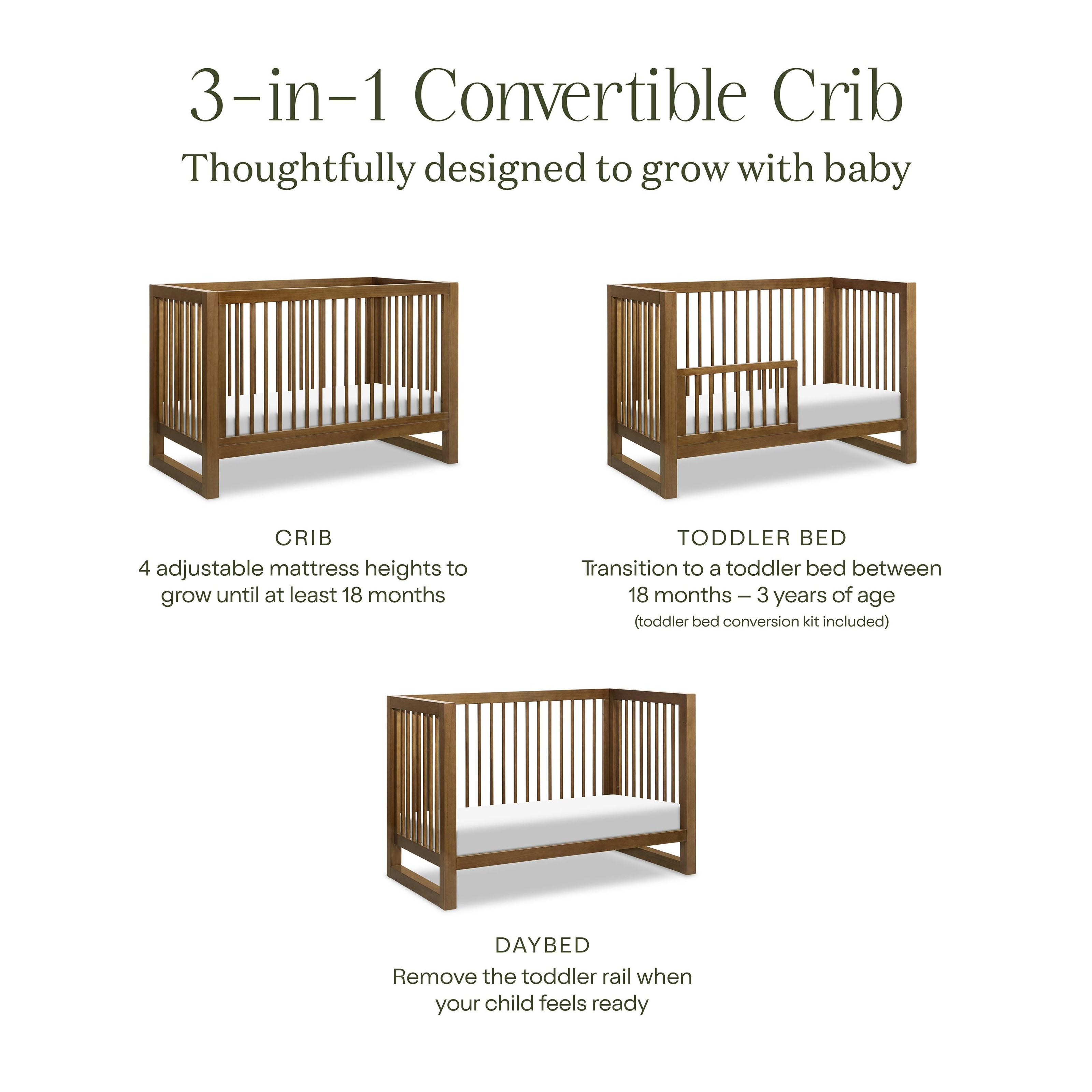 Nantucket 3-in-1 Convertible Crib w/Toddler Bed Conversion Kit in Natural Walnut