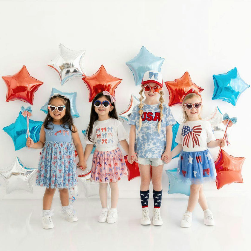Patriotic Sequin Bow Patch Short Sleeve T-Shirt - White