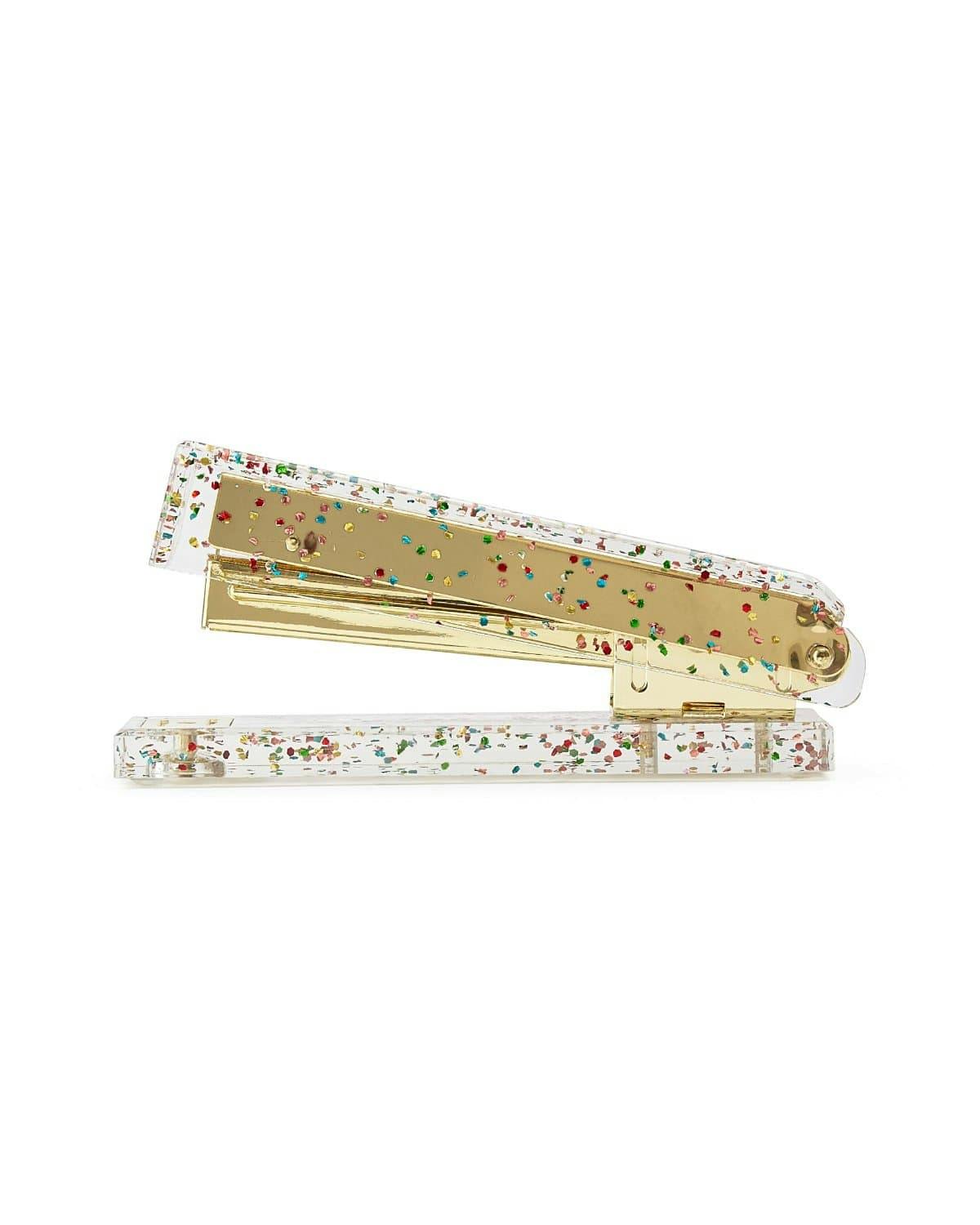 Packed Party Confetti Party Acrylic Stapler - Clear Confetti-Injected Acrylic Stapler with Gold Hardware for Home School and Office Desks, 5.75x2.75 Inch