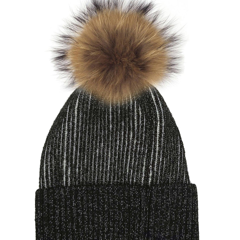 Ribbed Lurex Knit Hat With A Genuine Fur Pom (TikTok)