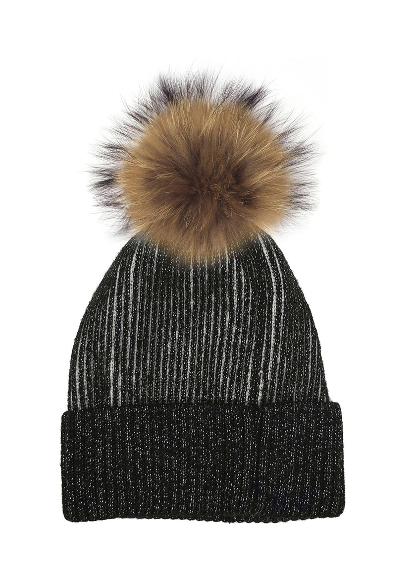 Ribbed Lurex Knit Hat With A Genuine Fur Pom (TikTok)