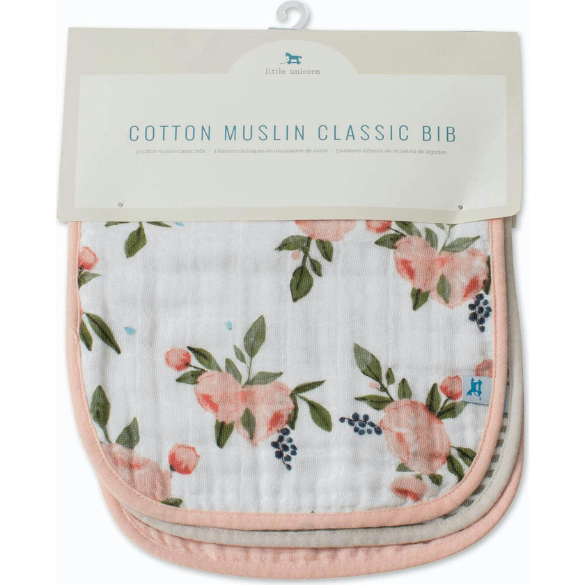 Cotton Muslin Classic Bib 3 Pack - Watercolor Roses