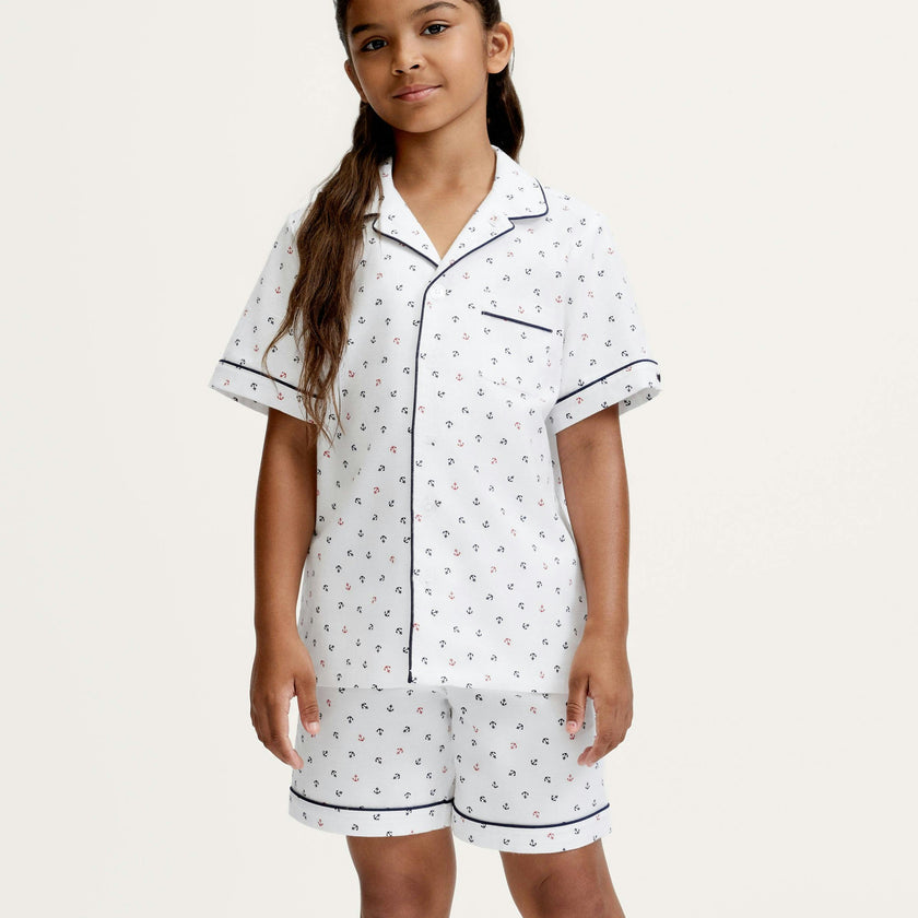 Kid's Twill Pajama Short Set in Anchors Away White