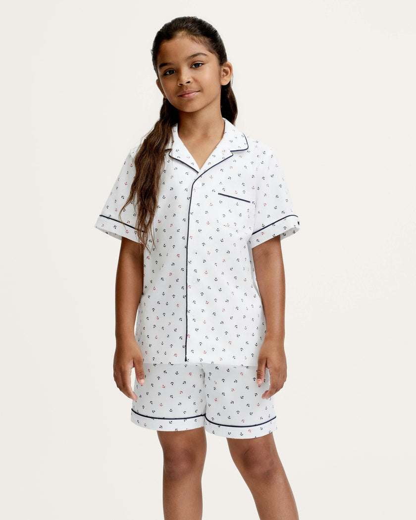 Kid's Twill Pajama Short Set in Anchors Away White