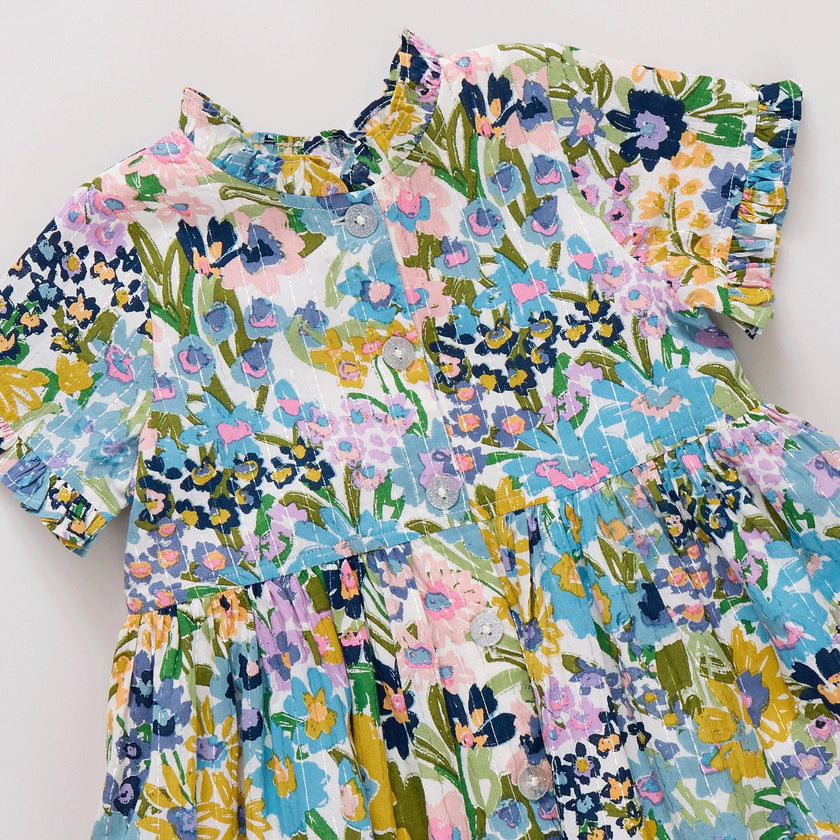 Girls Autumn Dress - Blue Large Sketched Floral