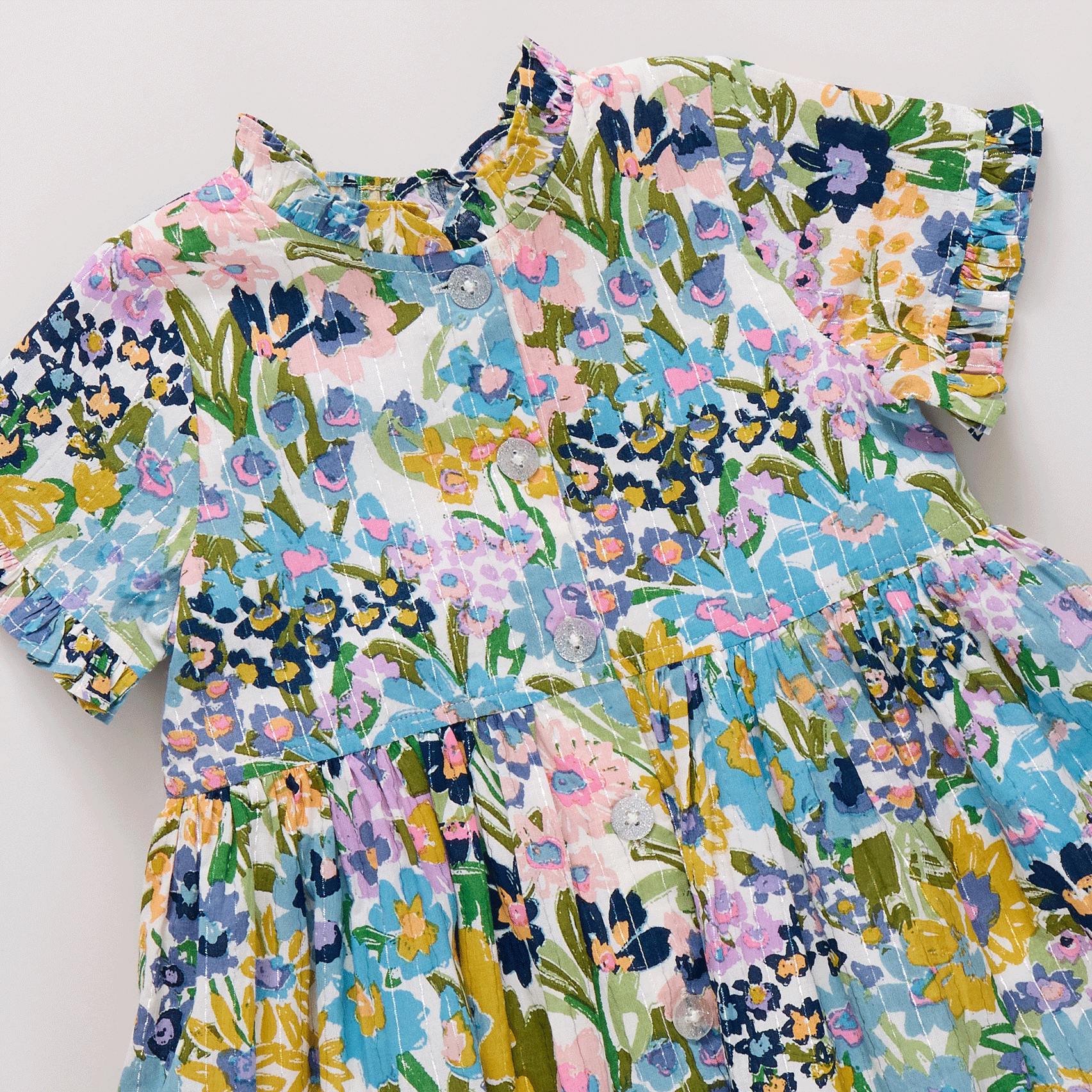 Girls Autumn Dress - Blue Large Sketched Floral