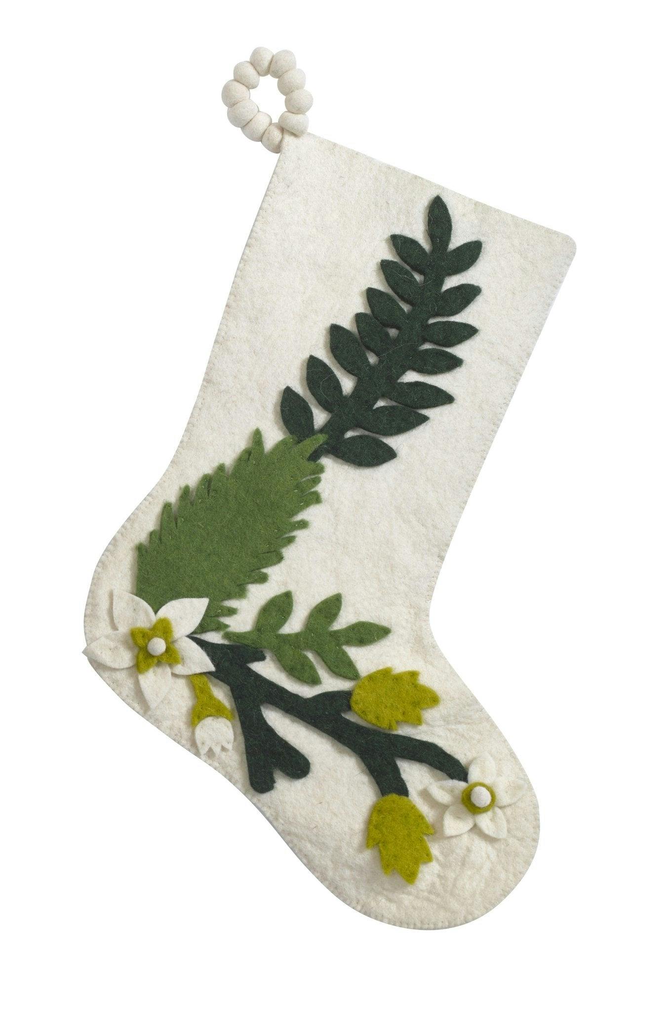 Hand Felted Wool Christmas Stocking - Green Leaves Cream