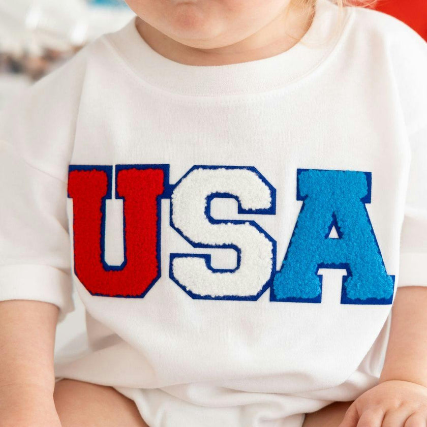 USA Multi Patch Short Sleeve Romper - White