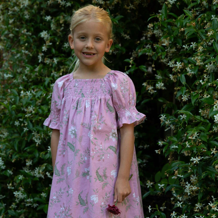 Girls Olivia Dress with Smocking | Pink and Green Fern