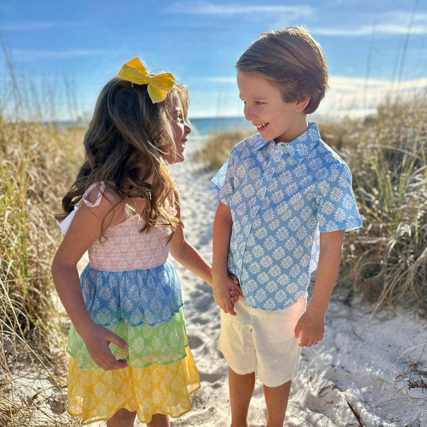 Smock Bodice Tiered Dress Block Print