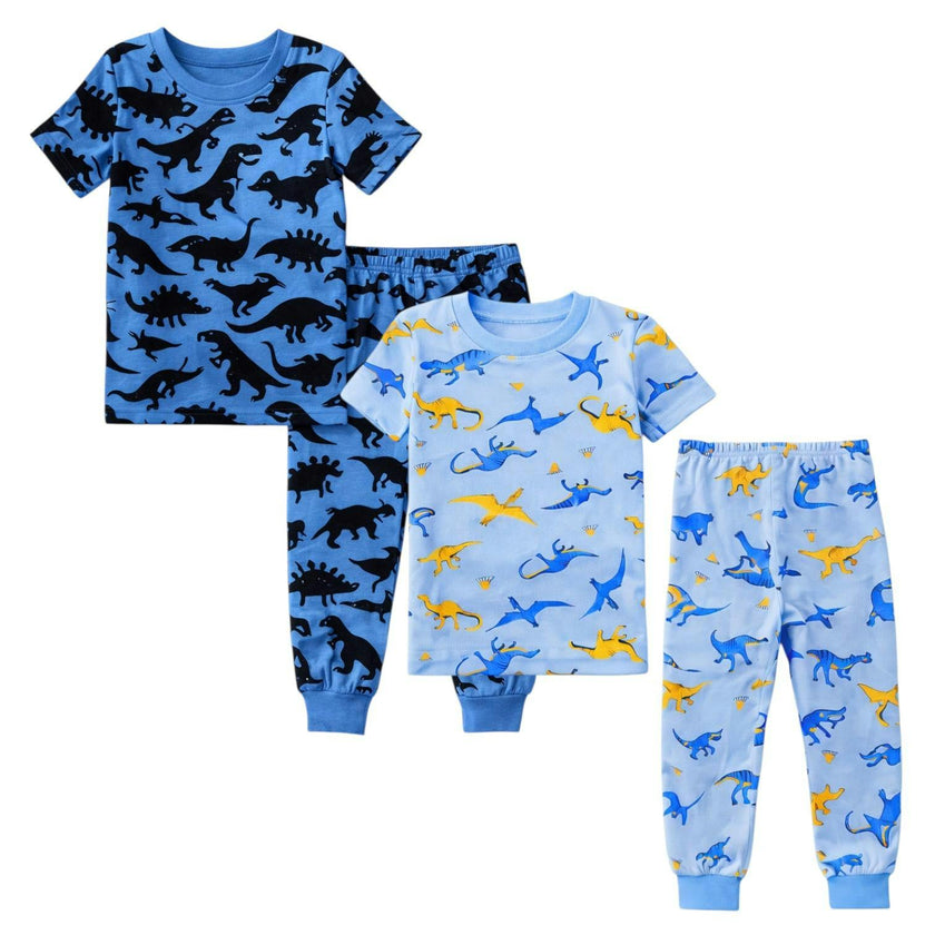 Kids and Toddlers 2 Pack Blue Dinosaurs/Dark Dinosaurs Shorts Sleeve Snug Fitted Pajamas