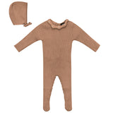 Ruffle Collar Knitted Onesie and Hat Dark Almond