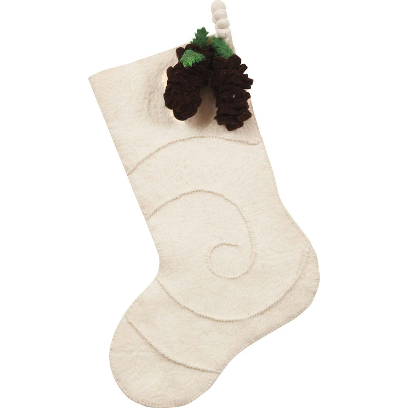 Pine Cone Cream Christmas Stocking Hand Felted Wool