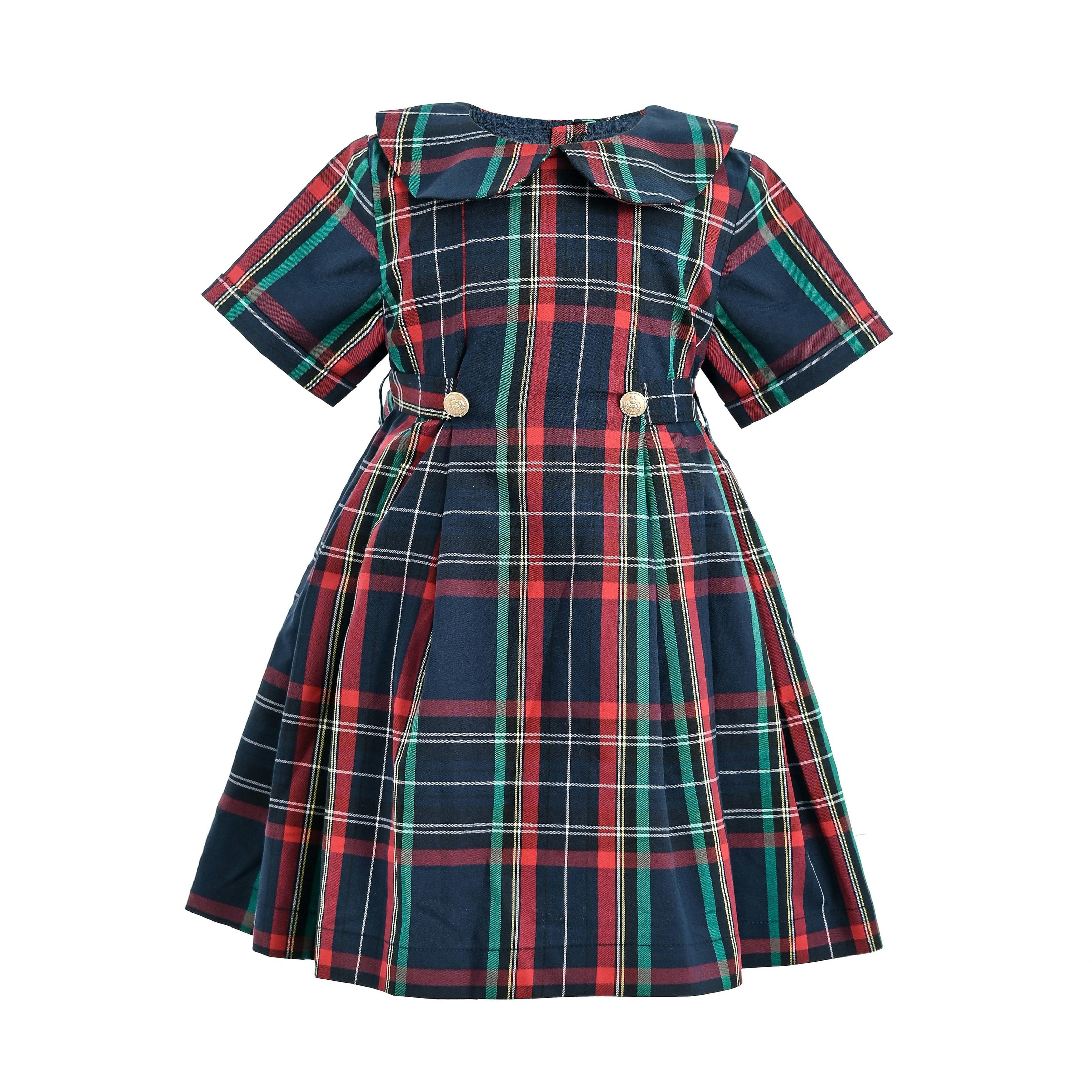 Navy & Red Plaid Button-Waist Dress