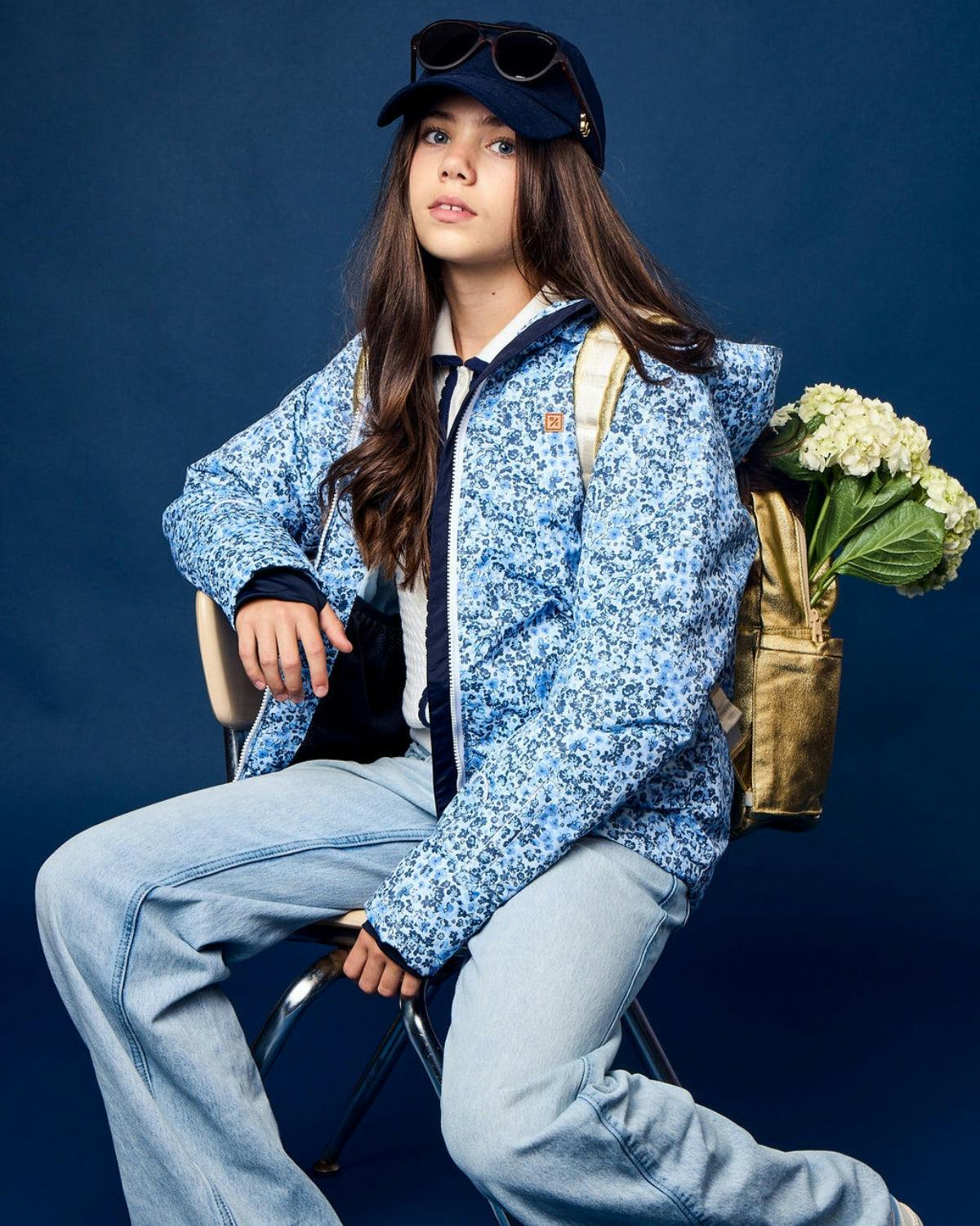 Kids Winter Coat in Blue Ditsy Floral
