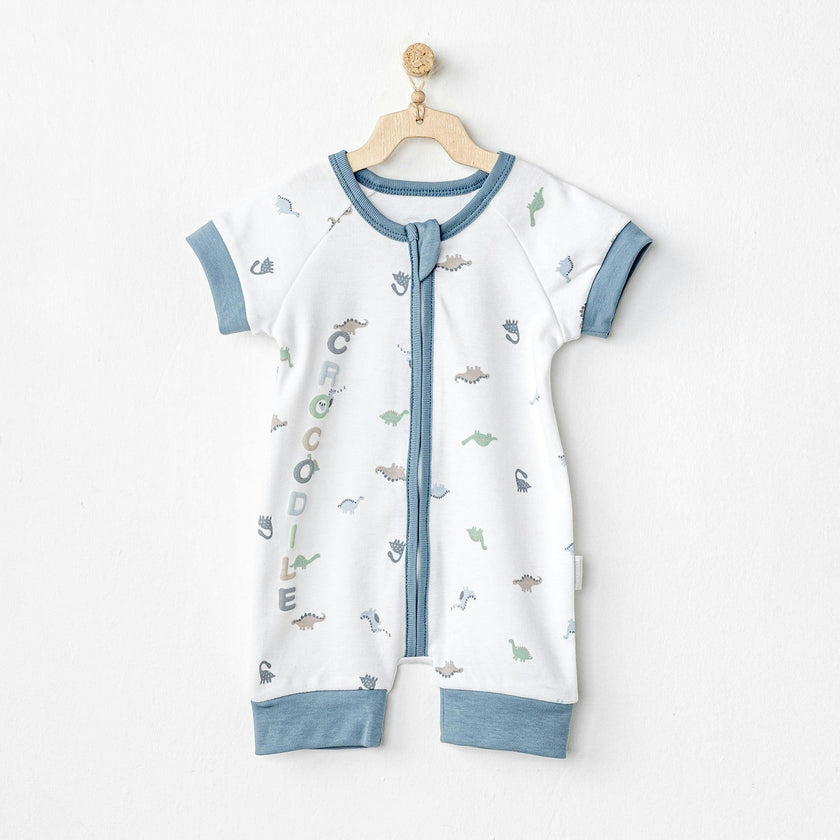 White Dinosaur Print Zip Up Romper