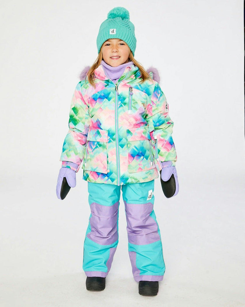 Two Piece Play Snowsuit Multicolored With A Diamond Pattern With Turquoise And Purple Pants