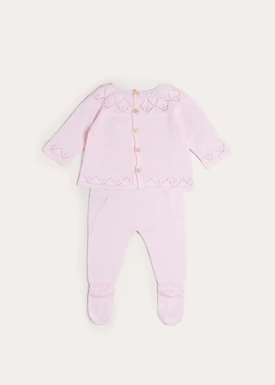 Diamond Openwork Three Piece Knitted Set in Baby Pink (1-9mths)