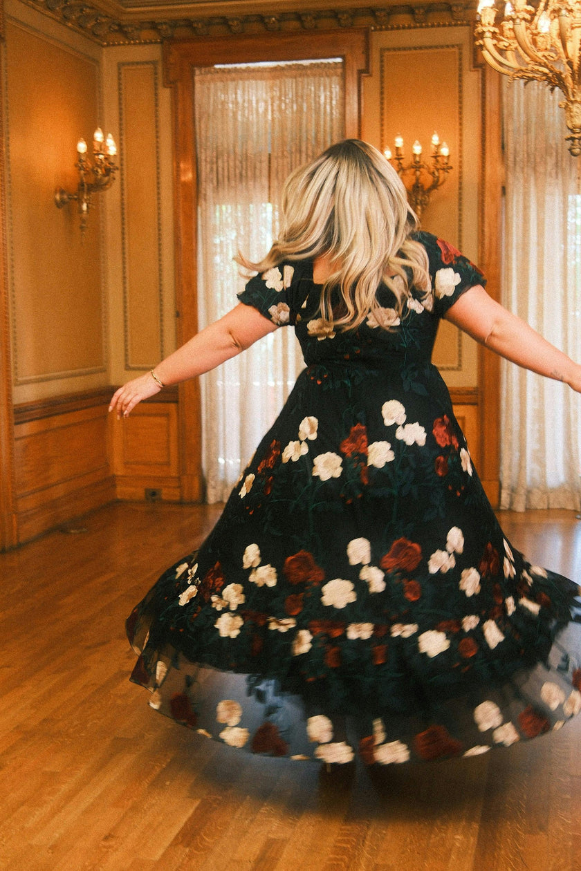 Amora Dress in Obsidian Rose Embroidery