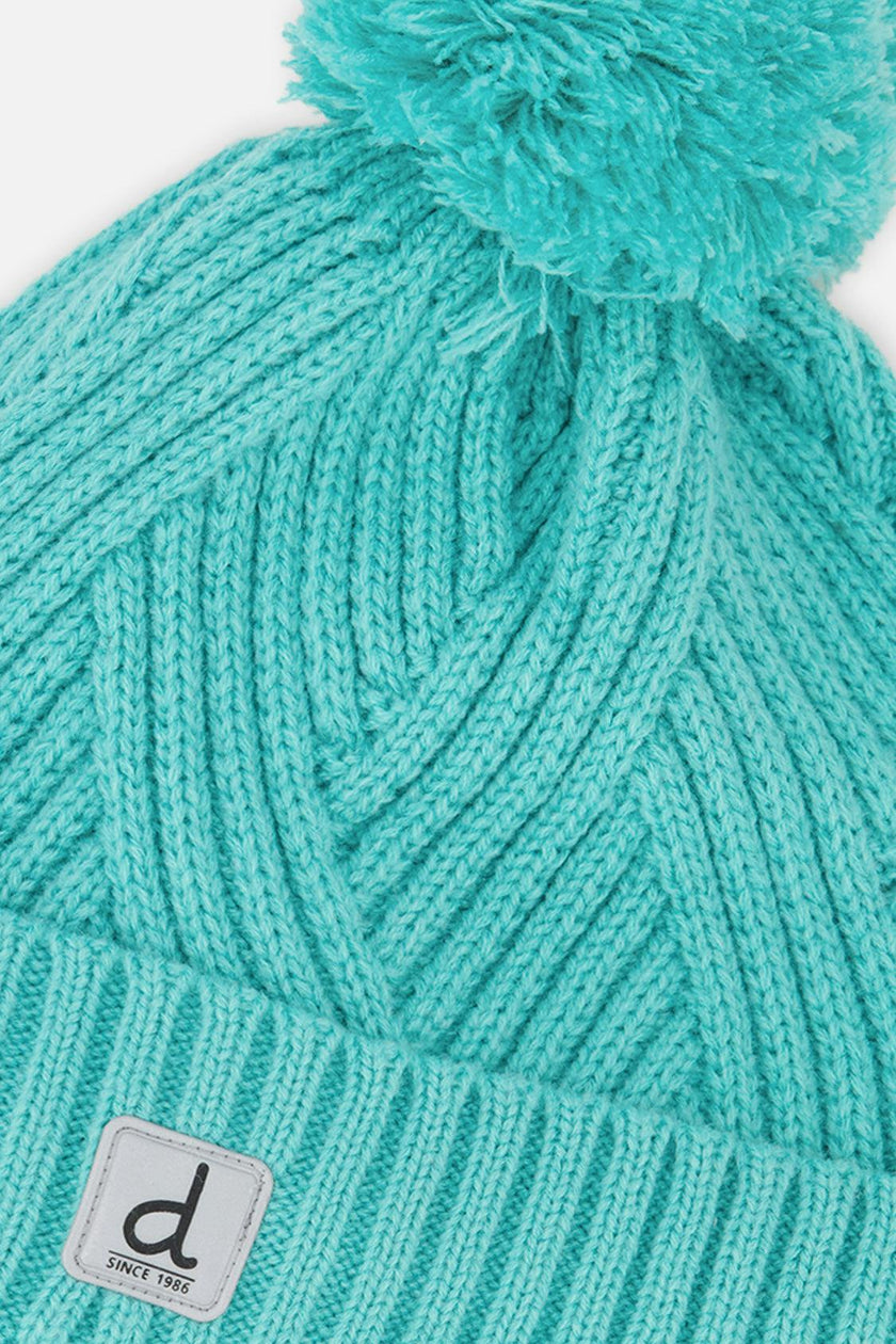 Winter Knit Hat with Pompom Turquoise Blue