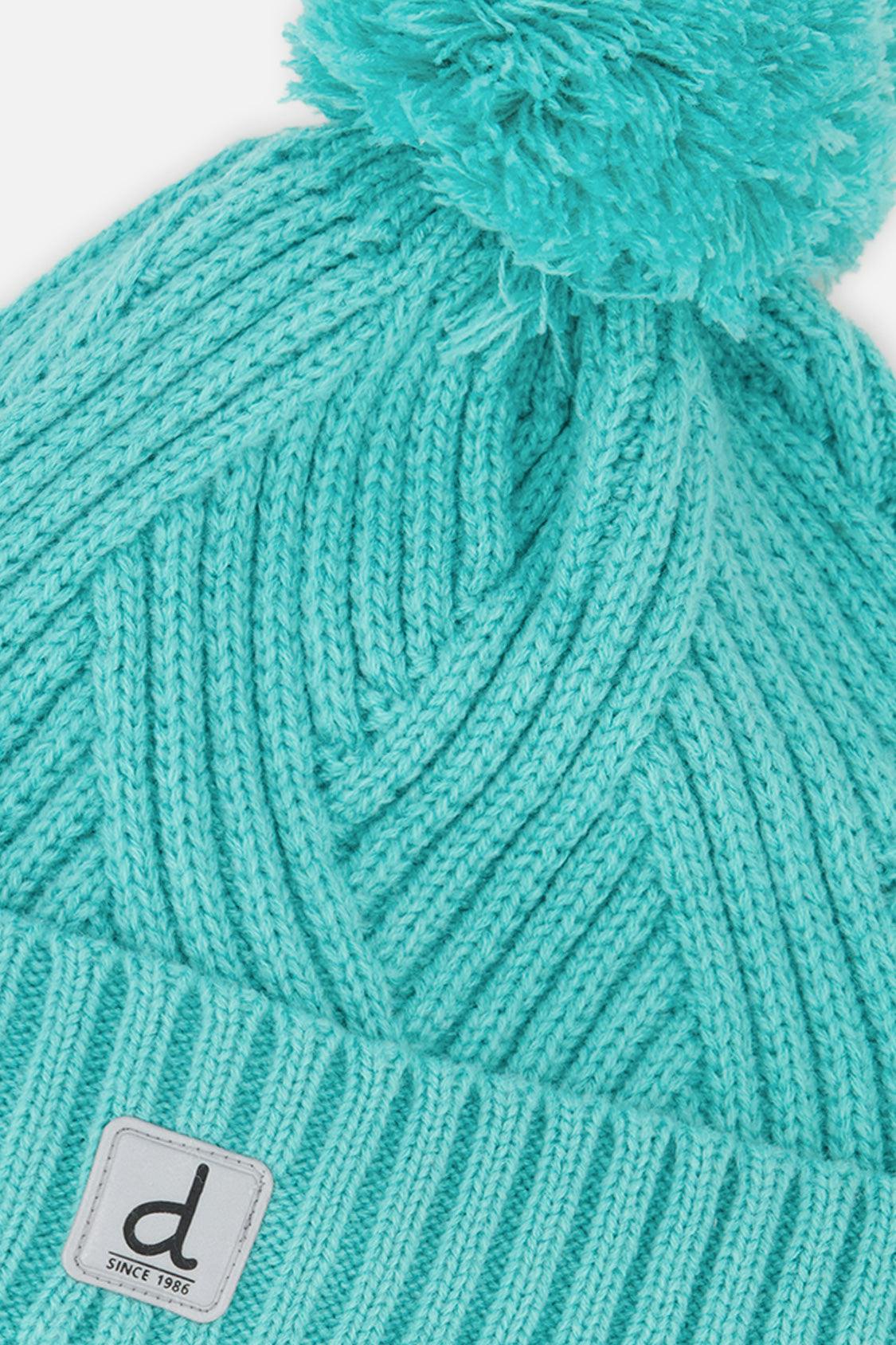 Winter Knit Hat with Pompom Turquoise Blue
