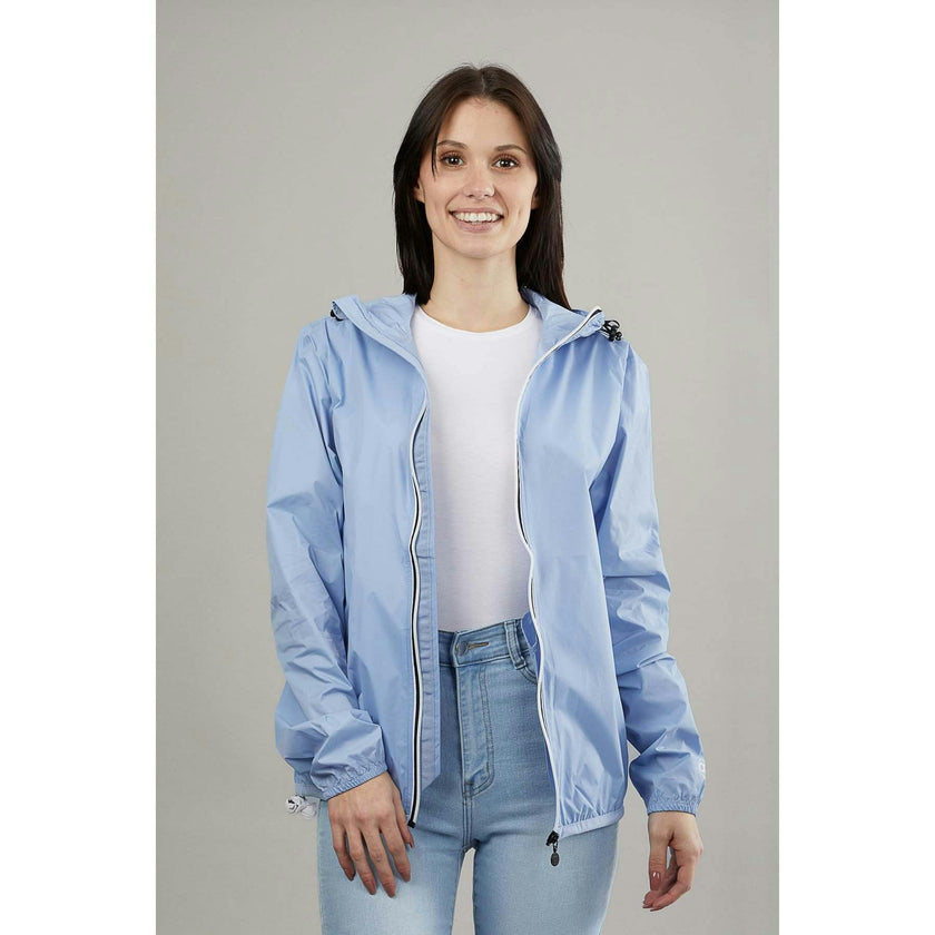 Powder blue full zip packable rain jacket and windbreaker