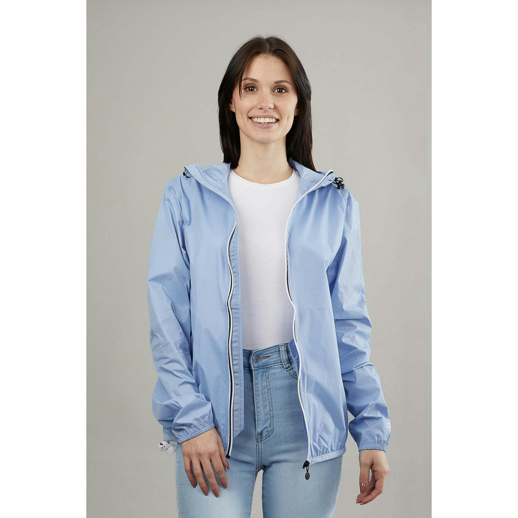 Powder blue full zip packable rain jacket and windbreaker