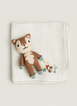 Embroidered Fox Shawl Blanket and Finley the Fox - Knit Doll