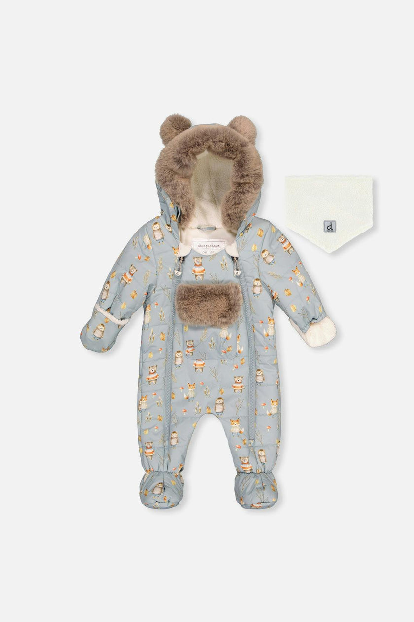 Baby One Piece Snowsuit Adapted For Car Seats Blue Animal Print