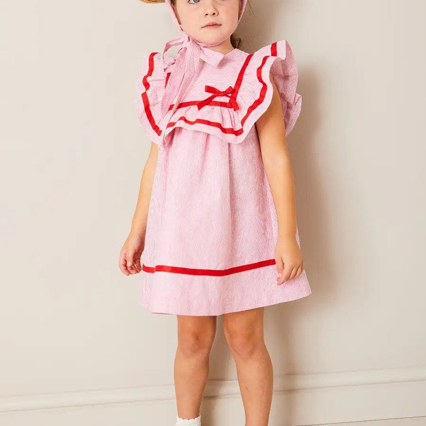 Lawrence Striped Ruffle Bib Sleeveless Dress in Red (12mths-8yrs)