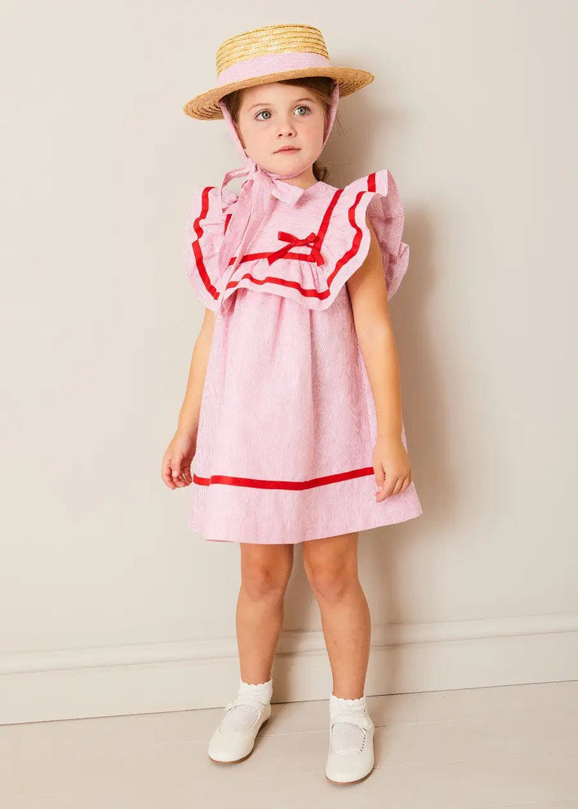 Lawrence Striped Ruffle Bib Sleeveless Dress in Red (12mths-8yrs)