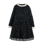 Black Sequin Lace-Trim Dress