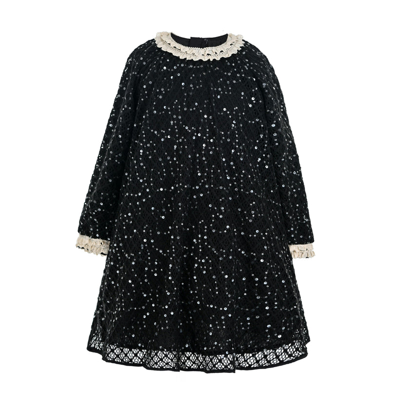 Black Sequin Lace-Trim Dress