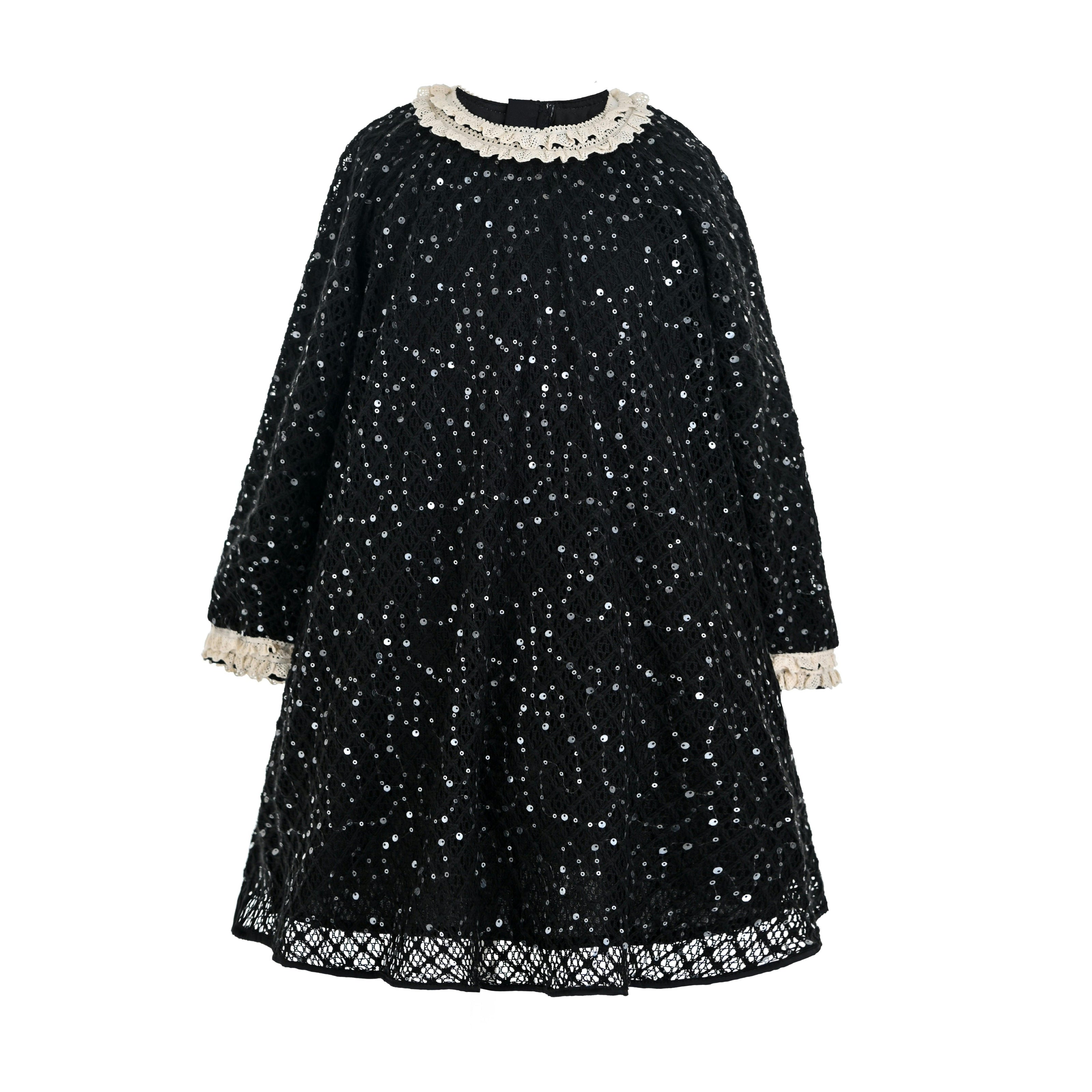 Black Sequin Lace-Trim Dress